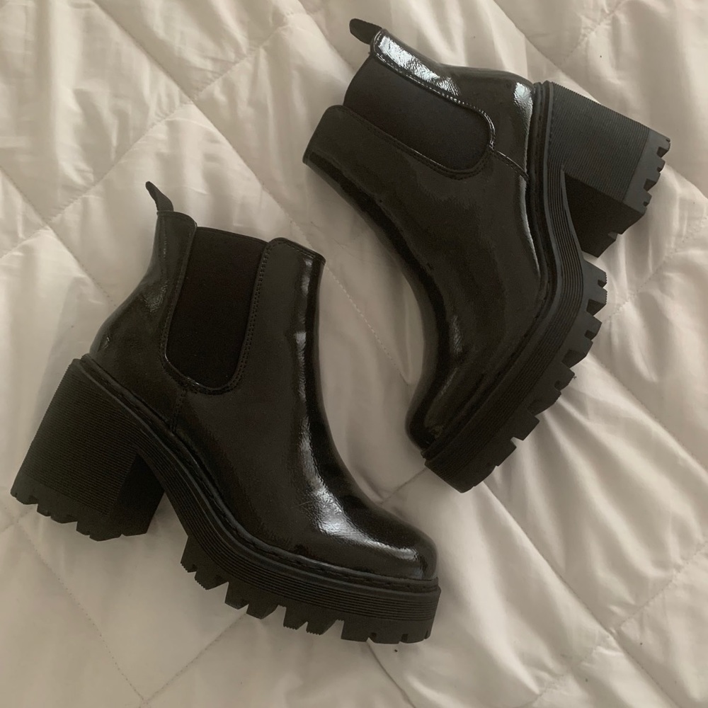 Chunky Black Patent Cleated Sole Chelsea Boots